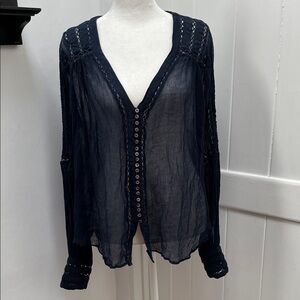 Free People Navy Sheer Button-Front Blouse
